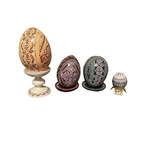 Set Of 4 Wooden Pysanky Collector Egg Colorful Geometric Design With Each Stand